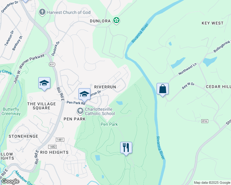 map of restaurants, bars, coffee shops, grocery stores, and more near 1317 Wimbledon Way in Charlottesville