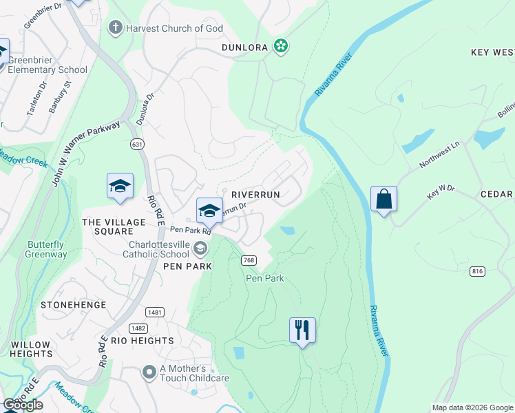map of restaurants, bars, coffee shops, grocery stores, and more near 746 Exton Court in Charlottesville