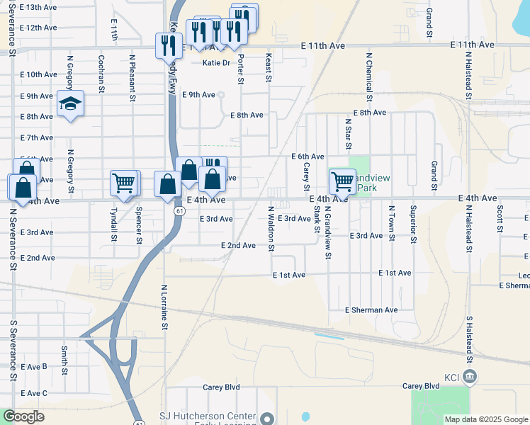 map of restaurants, bars, coffee shops, grocery stores, and more near 1629 East 3rd Avenue in Hutchinson
