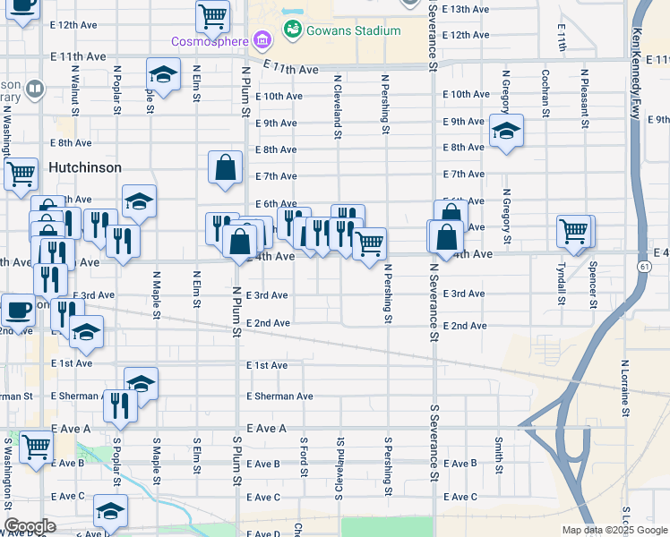 map of restaurants, bars, coffee shops, grocery stores, and more near 618 East 3rd Avenue in Hutchinson