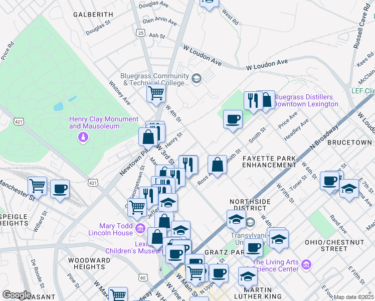 map of restaurants, bars, coffee shops, grocery stores, and more near Blackburn Avenue in Lexington