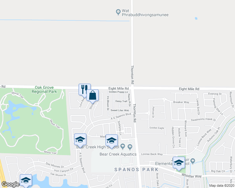 map of restaurants, bars, coffee shops, grocery stores, and more near 10951 Honeysuckle in Stockton