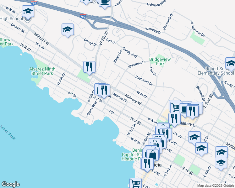map of restaurants, bars, coffee shops, grocery stores, and more near 475 Marina Place in Benicia