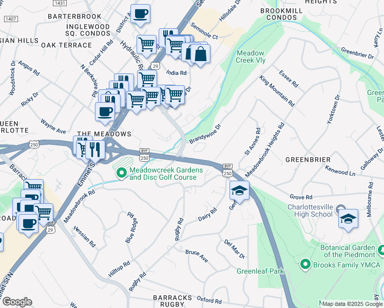 map of restaurants, bars, coffee shops, grocery stores, and more near 116 Brandywine Court in Charlottesville