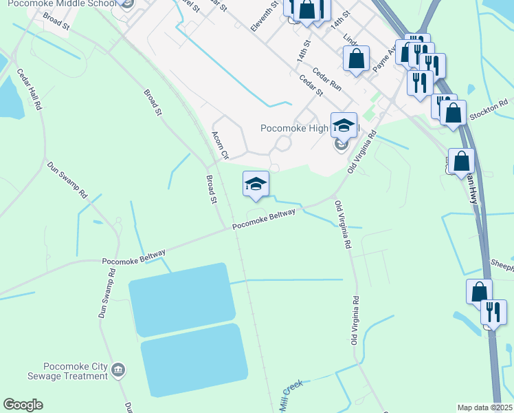 map of restaurants, bars, coffee shops, grocery stores, and more near 2119 Pocomoke Beltway in Pocomoke City