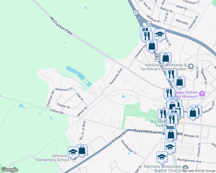 map of restaurants, bars, coffee shops, grocery stores, and more near 316 Kentucky Avenue in Versailles