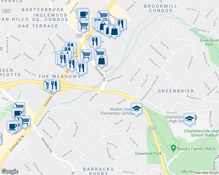 map of restaurants, bars, coffee shops, grocery stores, and more near 116 Brandywine Ct in Charlottesville