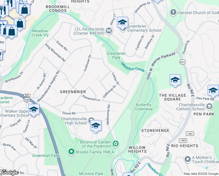 map of restaurants, bars, coffee shops, grocery stores, and more near 1708 Galloway Drive in Charlottesville