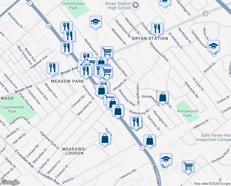 map of restaurants, bars, coffee shops, grocery stores, and more near 482 Shaftsbury Road in Lexington