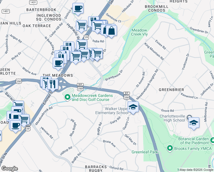 map of restaurants, bars, coffee shops, grocery stores, and more near U.S. 250 in Charlottesville