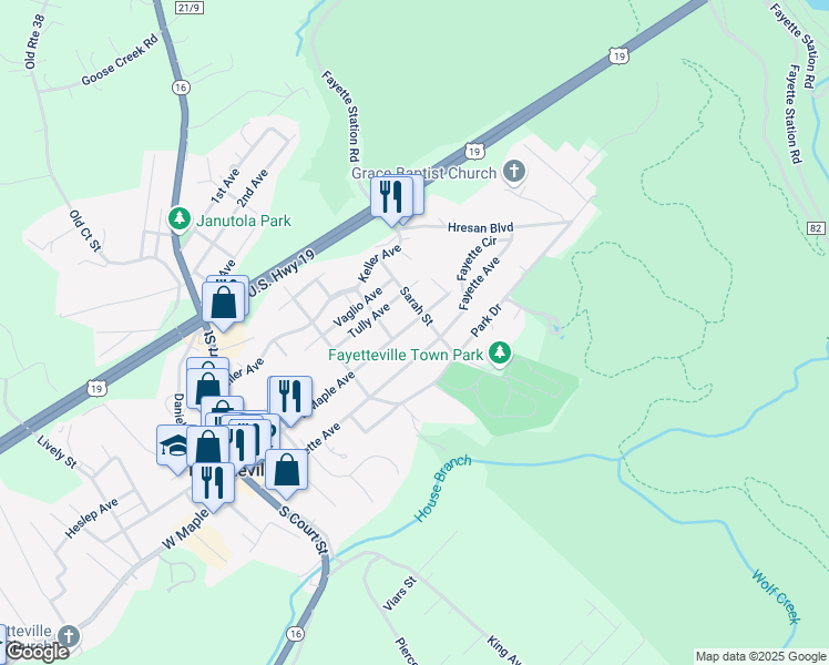 map of restaurants, bars, coffee shops, grocery stores, and more near 418 E Maple Ave in Fayetteville