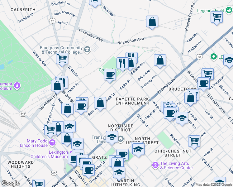 map of restaurants, bars, coffee shops, grocery stores, and more near 457 Bourbon Avenue in Lexington