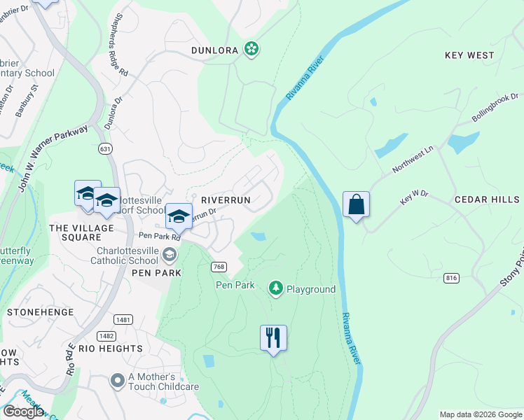 map of restaurants, bars, coffee shops, grocery stores, and more near 1321 Wimbledon Way in Charlottesville
