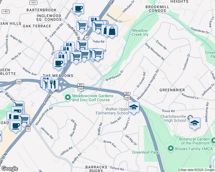 map of restaurants, bars, coffee shops, grocery stores, and more near U.S. 250 in Charlottesville