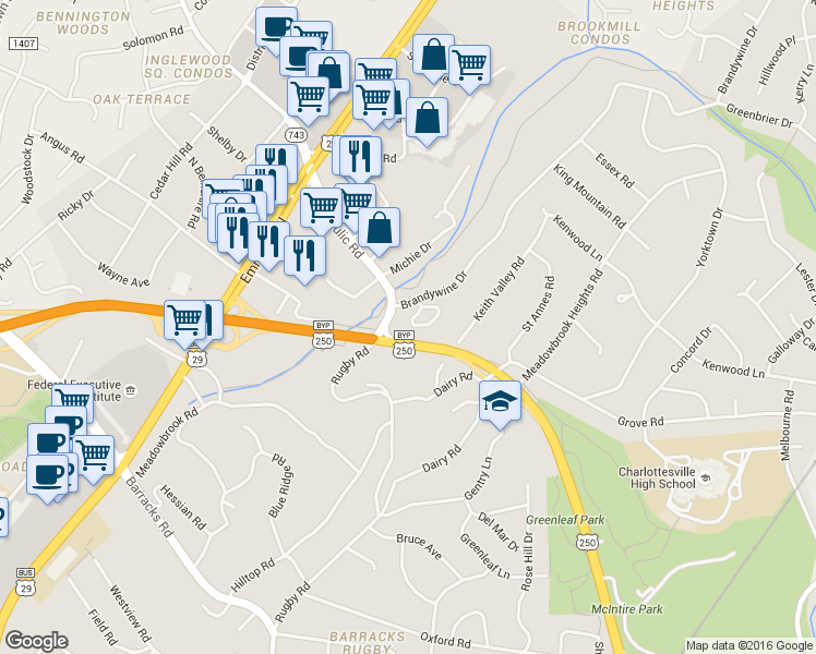 map of restaurants, bars, coffee shops, grocery stores, and more near U.S. 250 in Charlottesville