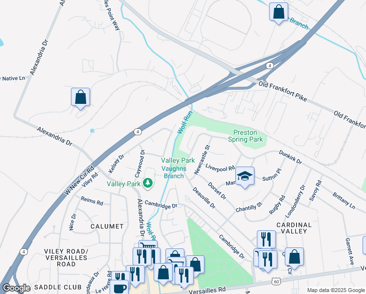 map of restaurants, bars, coffee shops, grocery stores, and more near 2124 Deauville Drive in Lexington