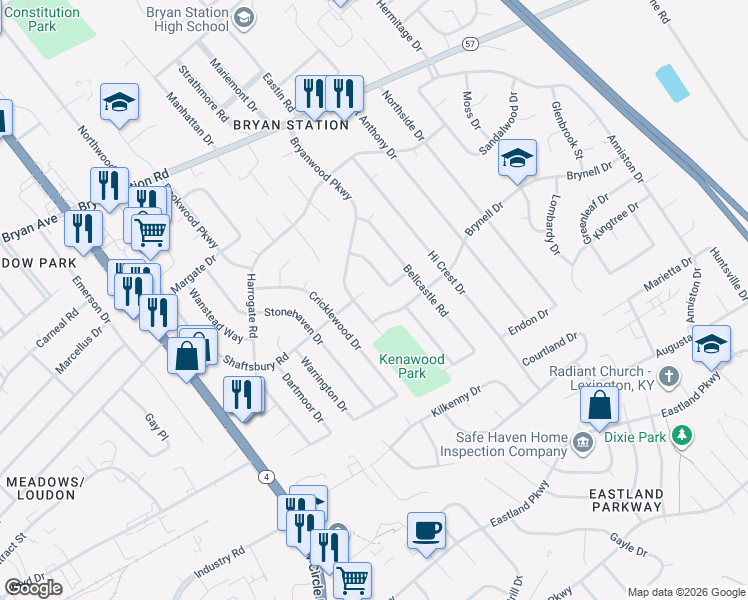 map of restaurants, bars, coffee shops, grocery stores, and more near 605 Bryanwood Parkway in Lexington