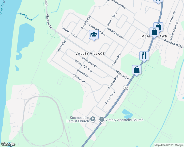 map of restaurants, bars, coffee shops, grocery stores, and more near 7107 Dunkirk Lane in Louisville