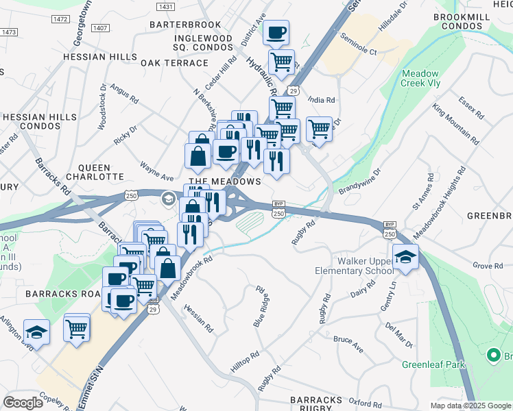 map of restaurants, bars, coffee shops, grocery stores, and more near 2011 Holiday Drive in Charlottesville