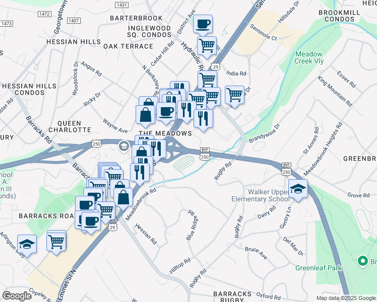 map of restaurants, bars, coffee shops, grocery stores, and more near 1300 Branchlands Drive in Charlottesville