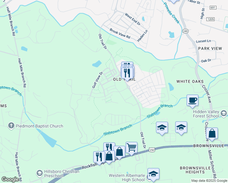 map of restaurants, bars, coffee shops, grocery stores, and more near Golf Drive in Crozet