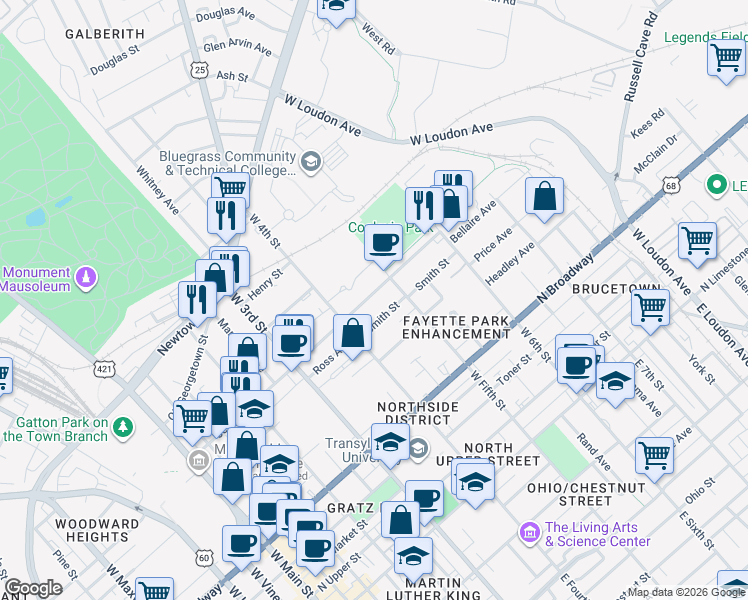 map of restaurants, bars, coffee shops, grocery stores, and more near 435 Smith Street in Lexington