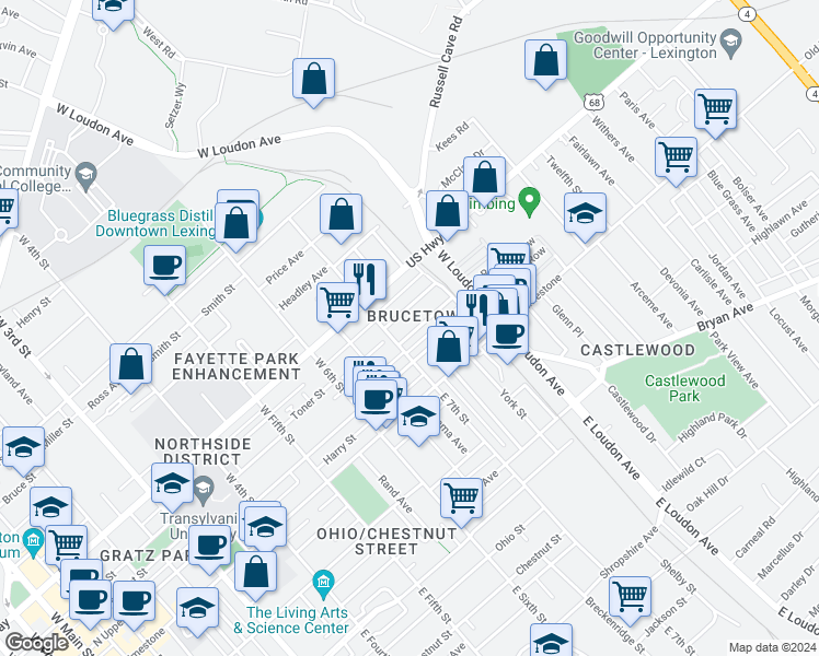 map of restaurants, bars, coffee shops, grocery stores, and more near 719 Florida Street in Lexington
