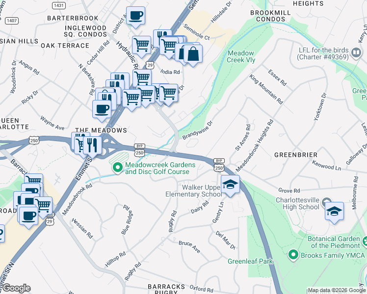 map of restaurants, bars, coffee shops, grocery stores, and more near U.S. 250 in Charlottesville