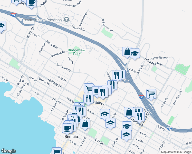 map of restaurants, bars, coffee shops, grocery stores, and more near 108 Incline Place in Benicia