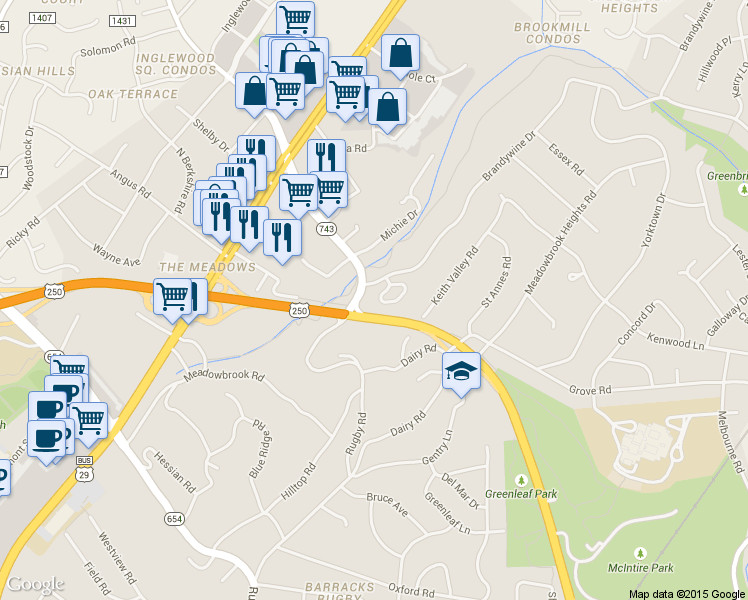 map of restaurants, bars, coffee shops, grocery stores, and more near U.S. 250 in Charlottesville