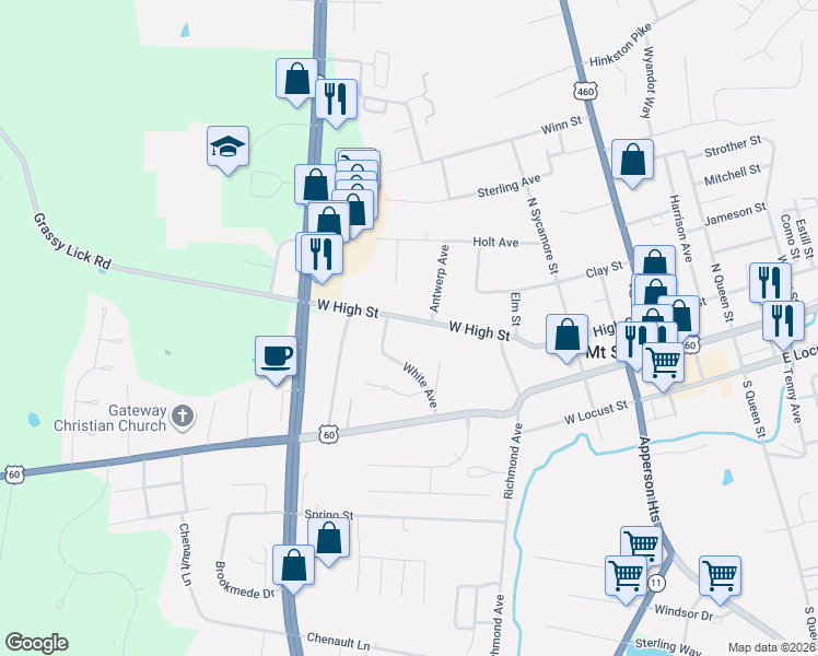 map of restaurants, bars, coffee shops, grocery stores, and more near 25 White Avenue in Mount Sterling