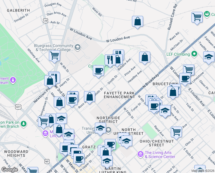 map of restaurants, bars, coffee shops, grocery stores, and more near 457 Bourbon Avenue in Lexington