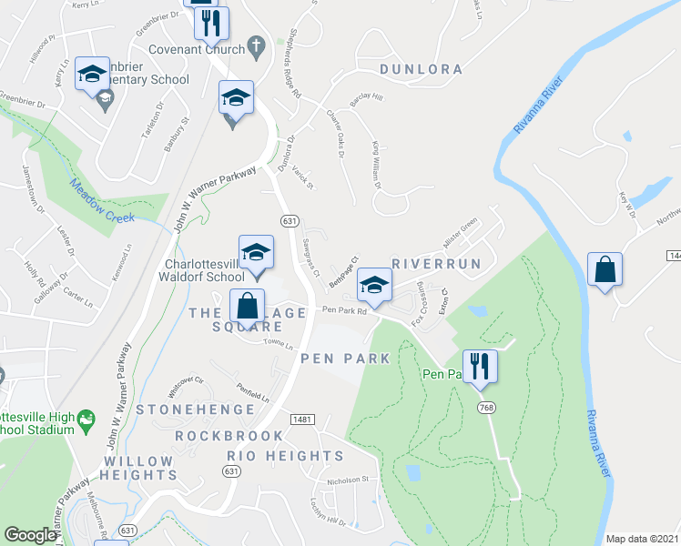 map of restaurants, bars, coffee shops, grocery stores, and more near 230 Pebble Beach court in Charlottesville