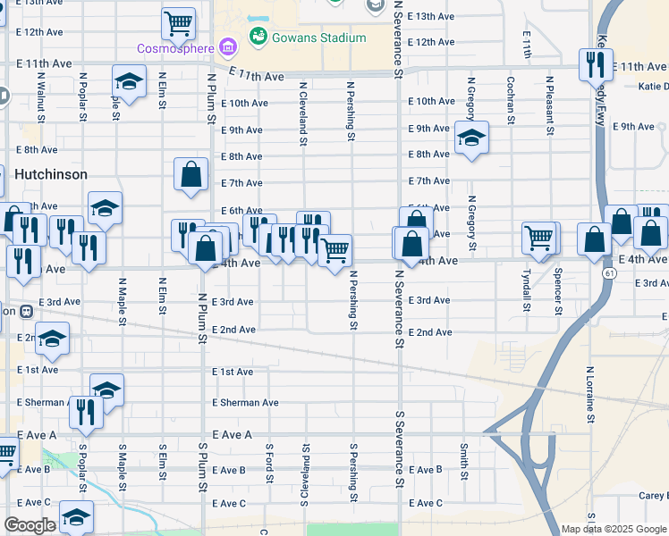 map of restaurants, bars, coffee shops, grocery stores, and more near 725 East 4th Avenue in Hutchinson