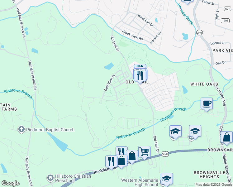 map of restaurants, bars, coffee shops, grocery stores, and more near Addle Hill Road in Crozet