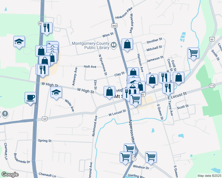 map of restaurants, bars, coffee shops, grocery stores, and more near 124 North Sycamore Street in Mount Sterling