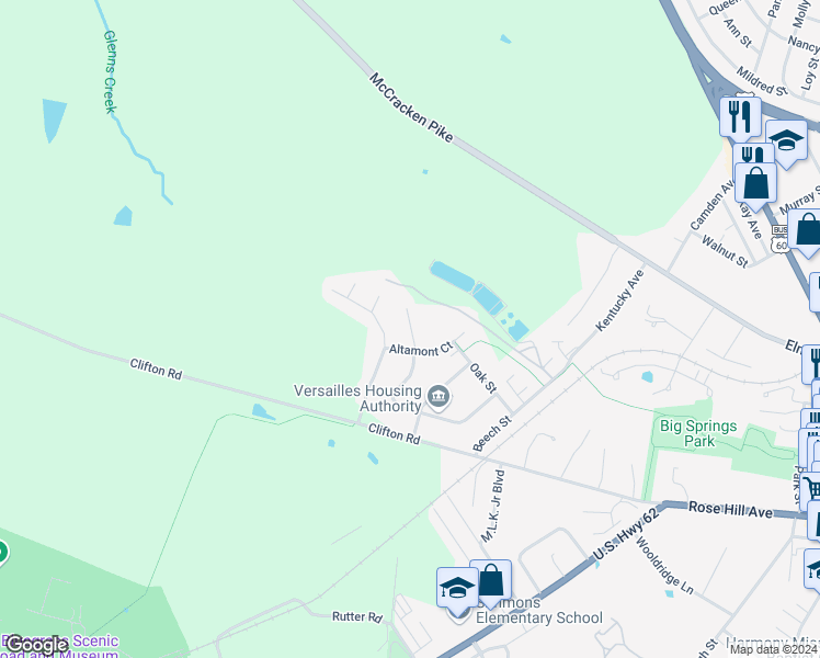 map of restaurants, bars, coffee shops, grocery stores, and more near 225 Poplar Circle in Versailles