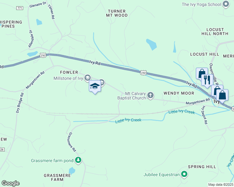 map of restaurants, bars, coffee shops, grocery stores, and more near 3165 Morgantown Road in Charlottesville
