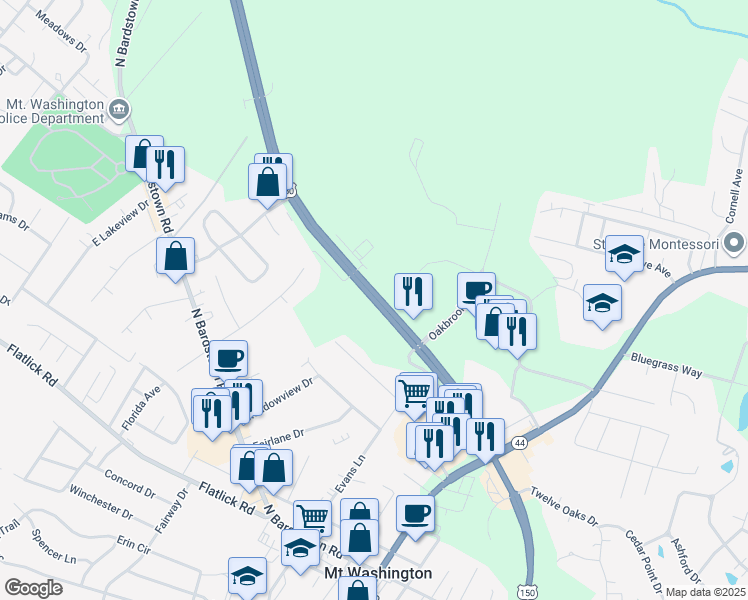 map of restaurants, bars, coffee shops, grocery stores, and more near Mount Washington Bypass in Mount Washington