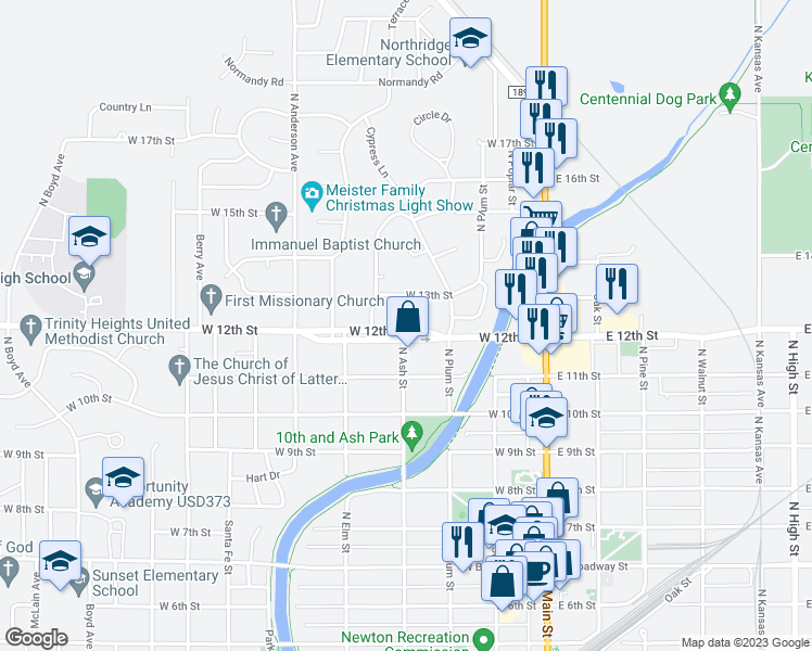 map of restaurants, bars, coffee shops, grocery stores, and more near 402 West 12th Street in Newton