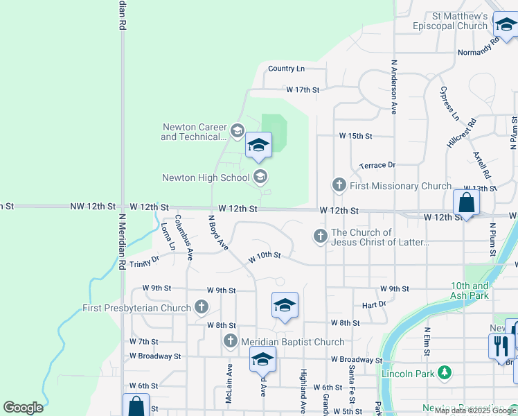map of restaurants, bars, coffee shops, grocery stores, and more near 900 West 12th Street in Newton