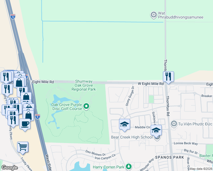 map of restaurants, bars, coffee shops, grocery stores, and more near 10919 Stony Gorge Drive in Stockton
