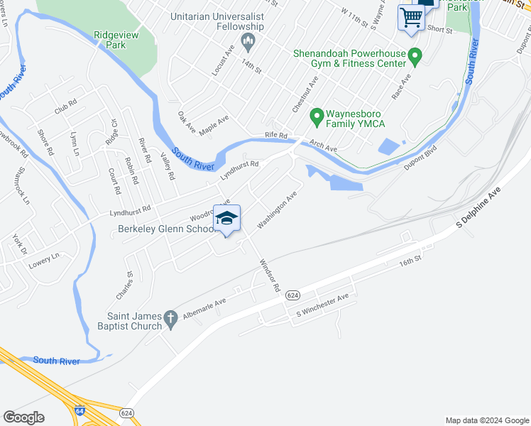 map of restaurants, bars, coffee shops, grocery stores, and more near 901 Washington Avenue in Waynesboro