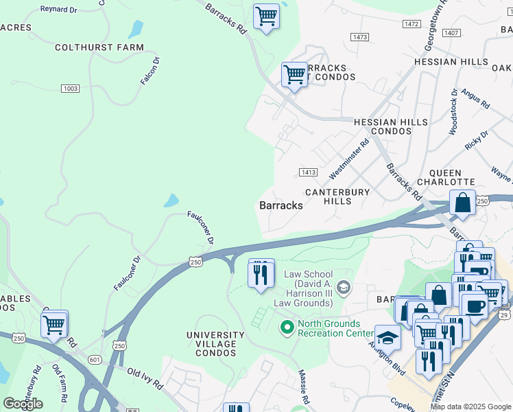 map of restaurants, bars, coffee shops, grocery stores, and more near 105 Woodhurst Court in Charlottesville