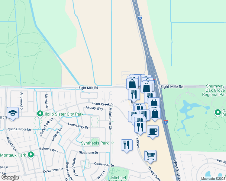 map of restaurants, bars, coffee shops, grocery stores, and more near 5257 Vesta Circle in Stockton
