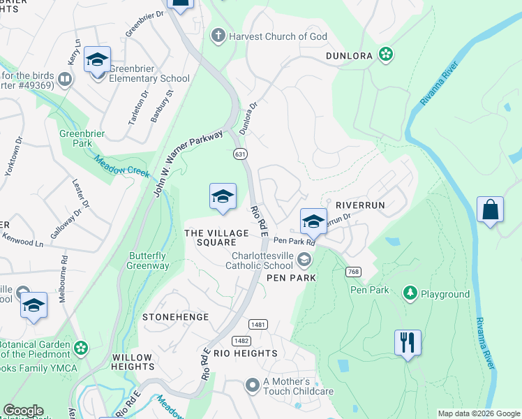 map of restaurants, bars, coffee shops, grocery stores, and more near 1608 Sawgrass Court in Charlottesville
