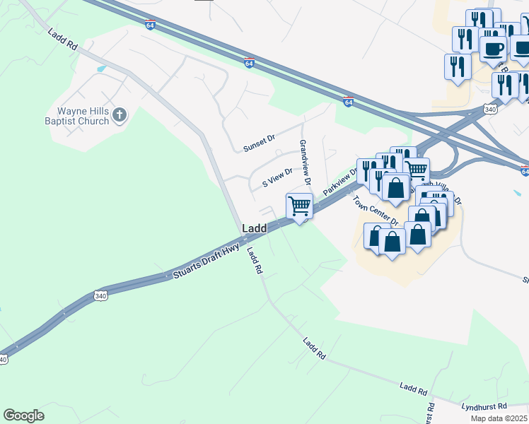 map of restaurants, bars, coffee shops, grocery stores, and more near 74 South View Drive in Waynesboro
