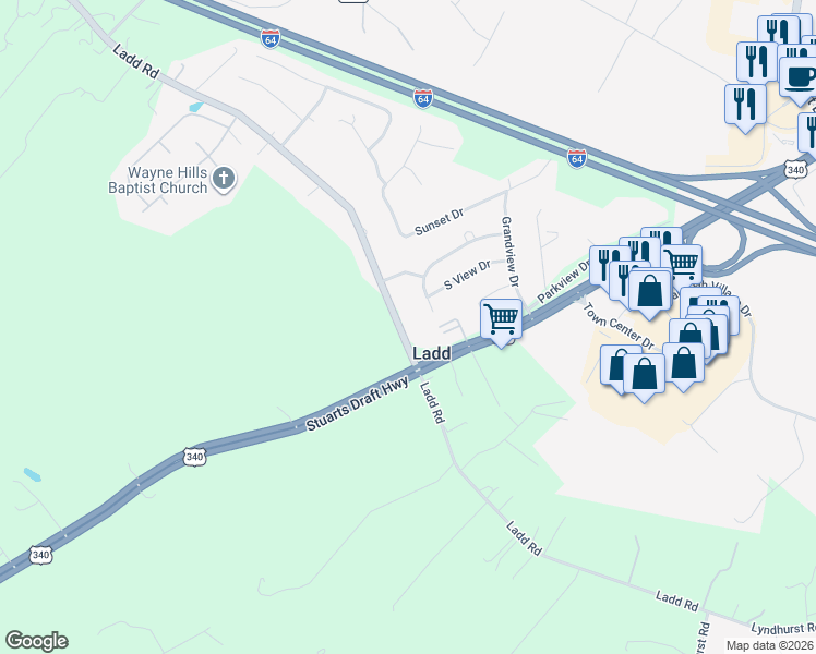 map of restaurants, bars, coffee shops, grocery stores, and more near 1072 Ladd Rd in Waynesboro