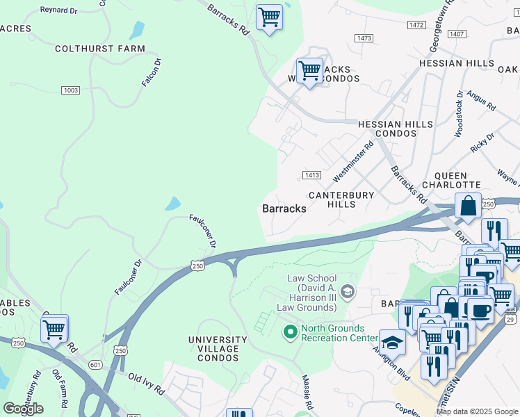 map of restaurants, bars, coffee shops, grocery stores, and more near 105 Woodhurst Court in Charlottesville