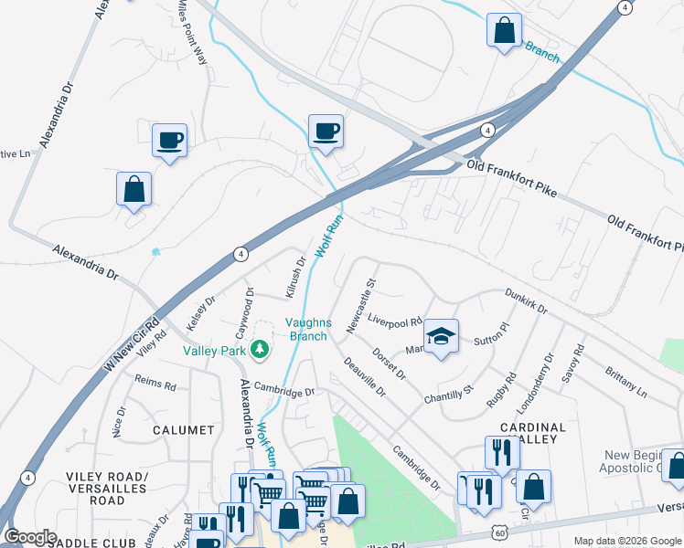 map of restaurants, bars, coffee shops, grocery stores, and more near 2168 Deauville Drive in Lexington